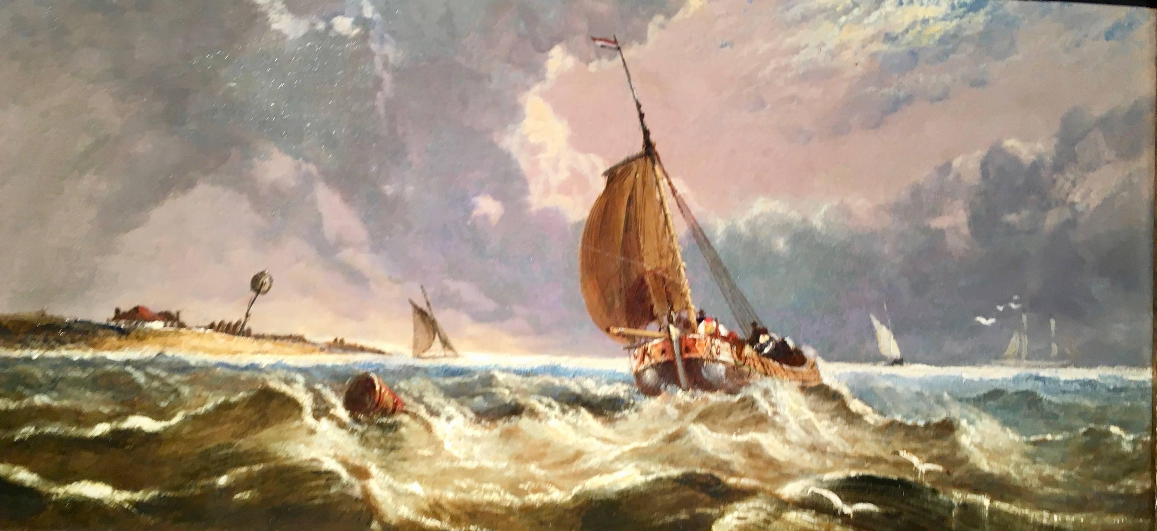 English fishing boats in rough seas off the coast of England  - Painting by Arthur Joseph Meadows