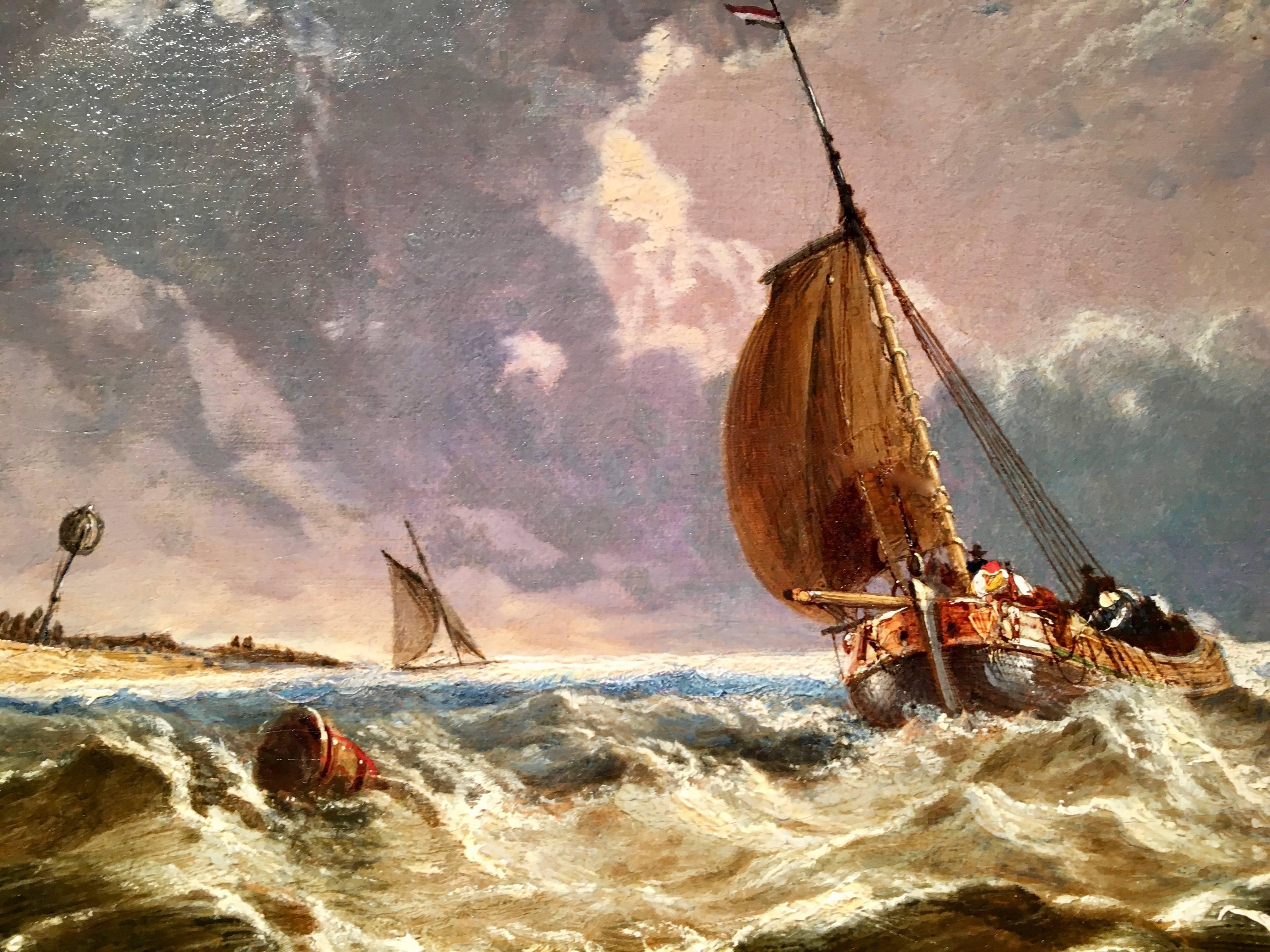 English fishing boats in rough seas off the coast of England  - Victorian Painting by Arthur Joseph Meadows