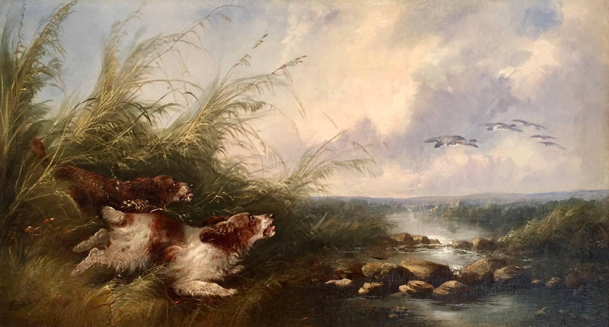 English Spaniel dogs chasing ducks  by a river - Painting by George Armfield