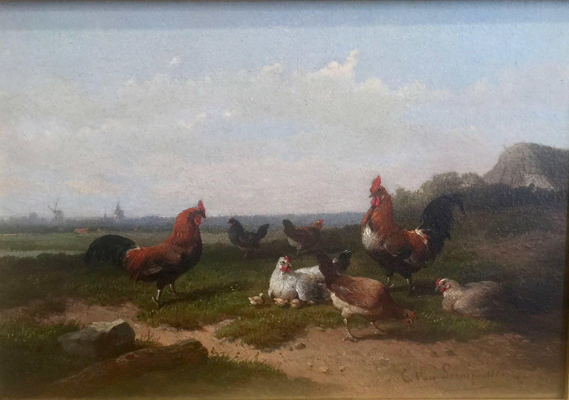 19th Century Dutch scene with Chickens in a field - Painting by Cornelis van Leemputten