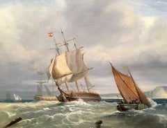 Scottish marine scene with Battle ships and fishing vessels in a rough sea