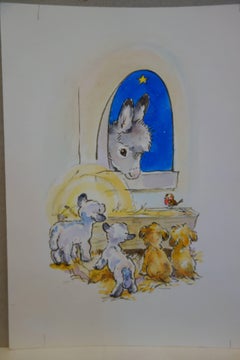 La nuit de Noël avec des oiseaux, un Robin et des agneaux dans une écurie par un berceau