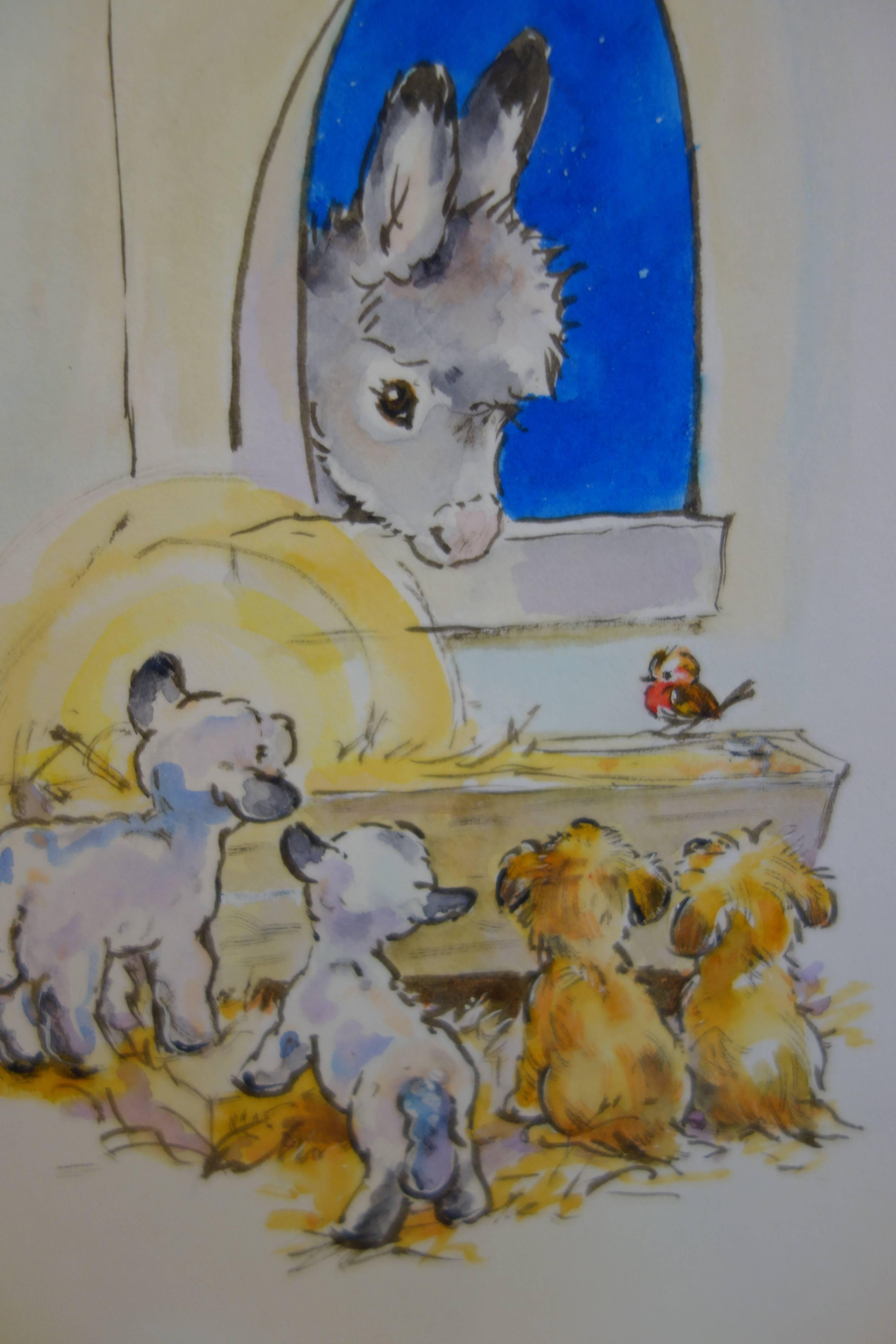 Diana Matthes Figurative Art - Christmas night with Donkeys, a Robin and Lambs in a stable by a crib