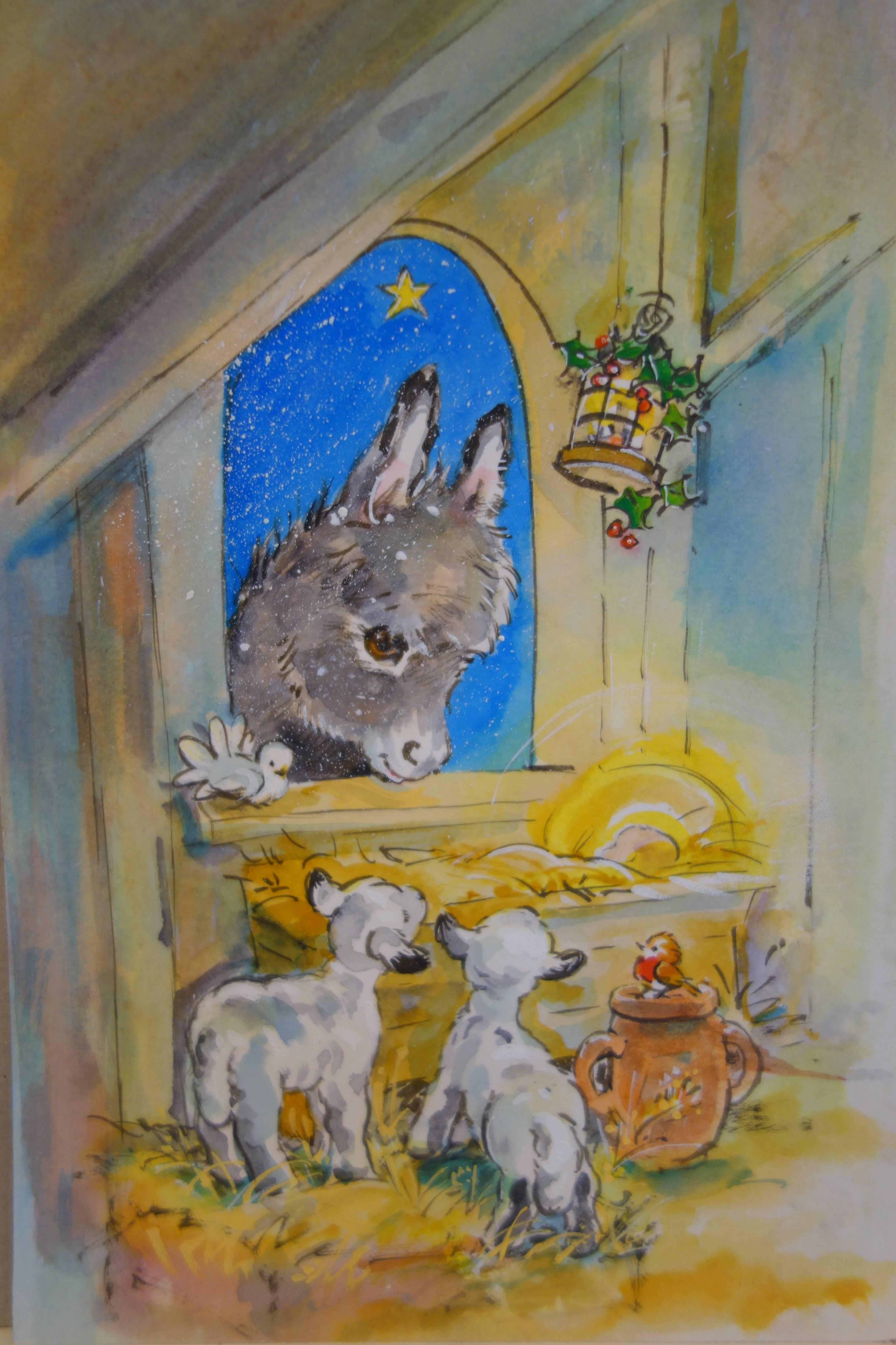 Diana Matthes Figurative Art - Christmas night with Donkeys, a Robin and Lambs in a stable by a crib
