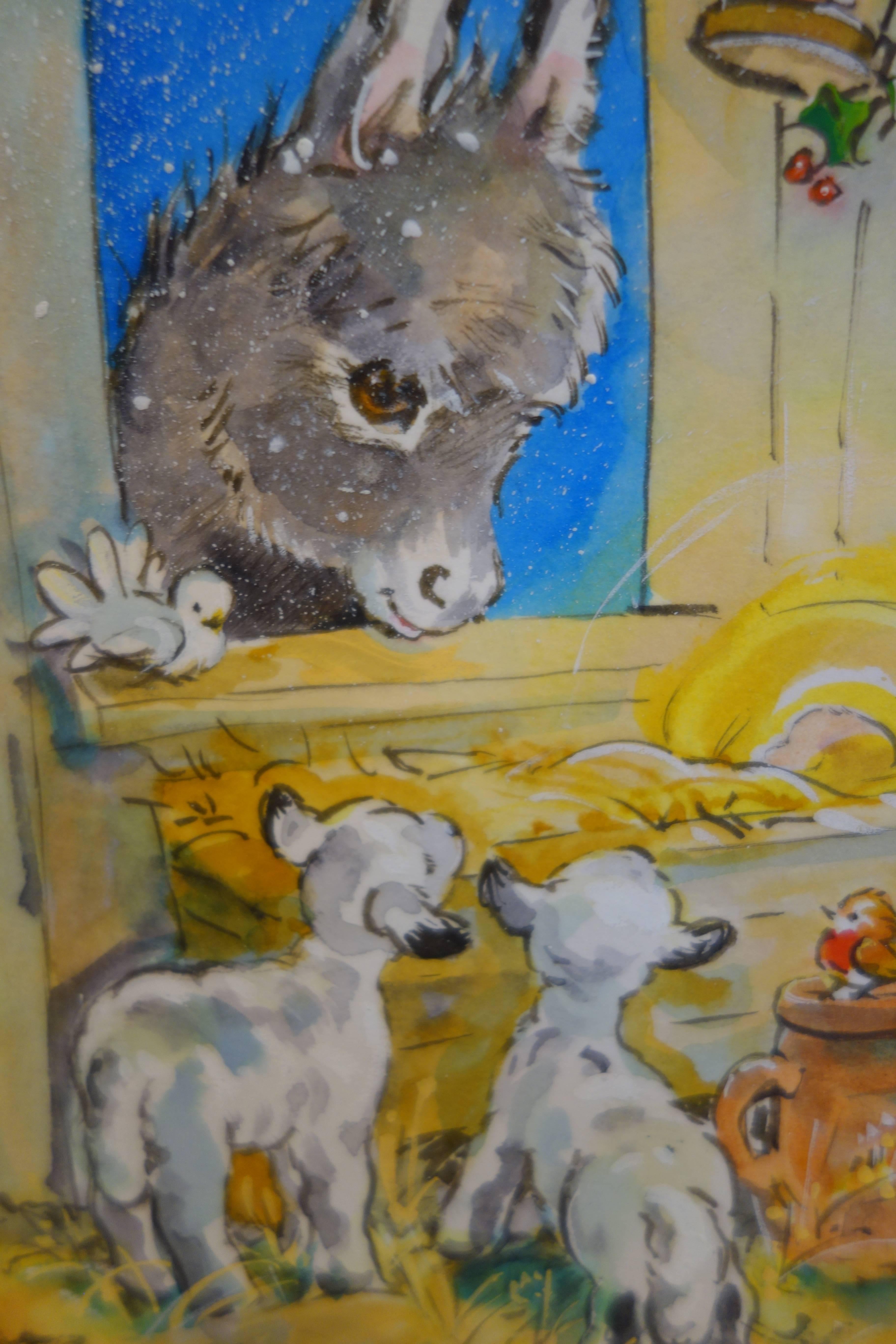 Christmas night with Donkeys, a Robin and Lambs in a stable by a crib - Art by Diana Matthes