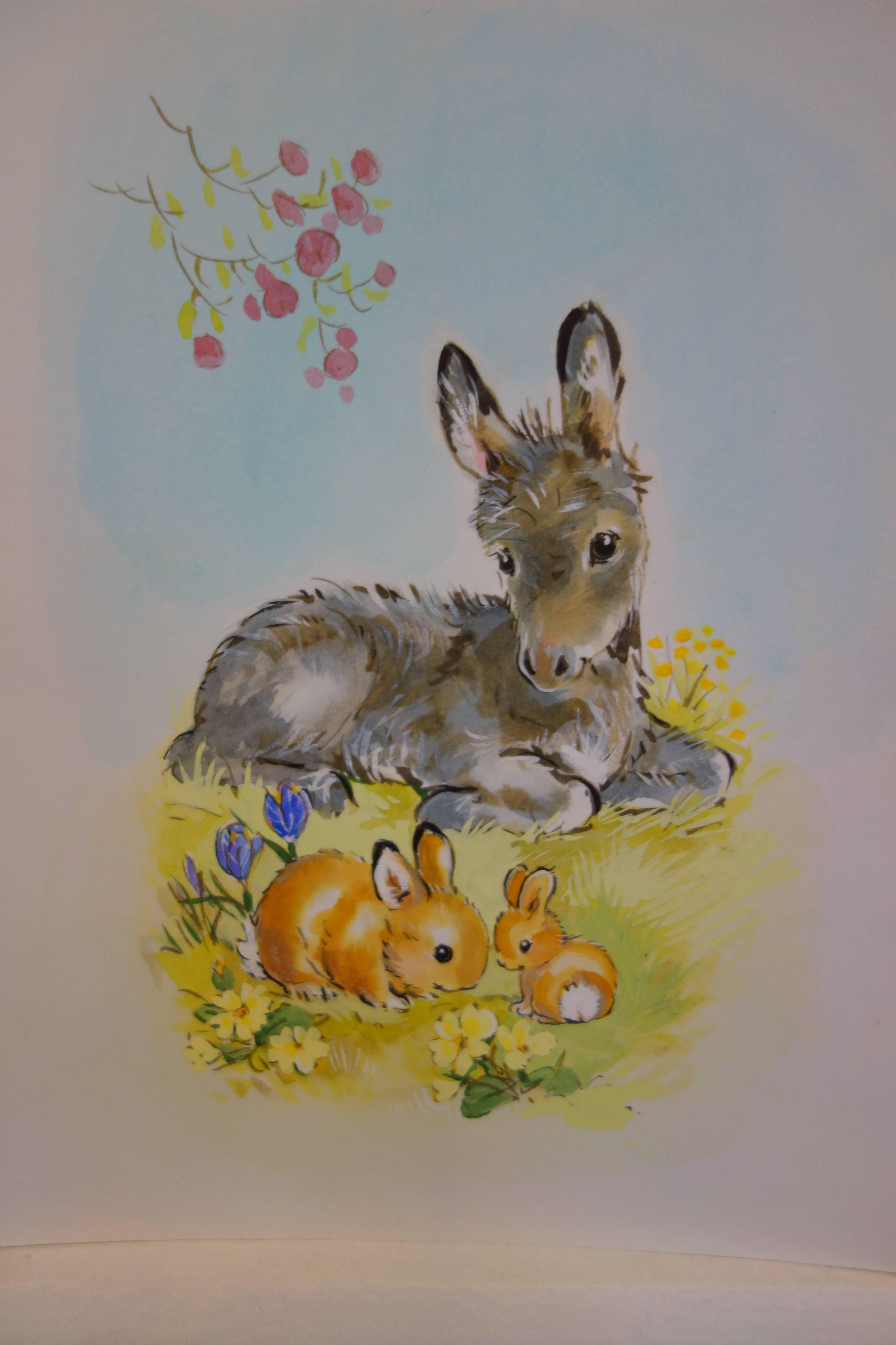 Diana Matthes Animal Art - An English scene of a Donkey and Rabbits in a field, with wild flowers