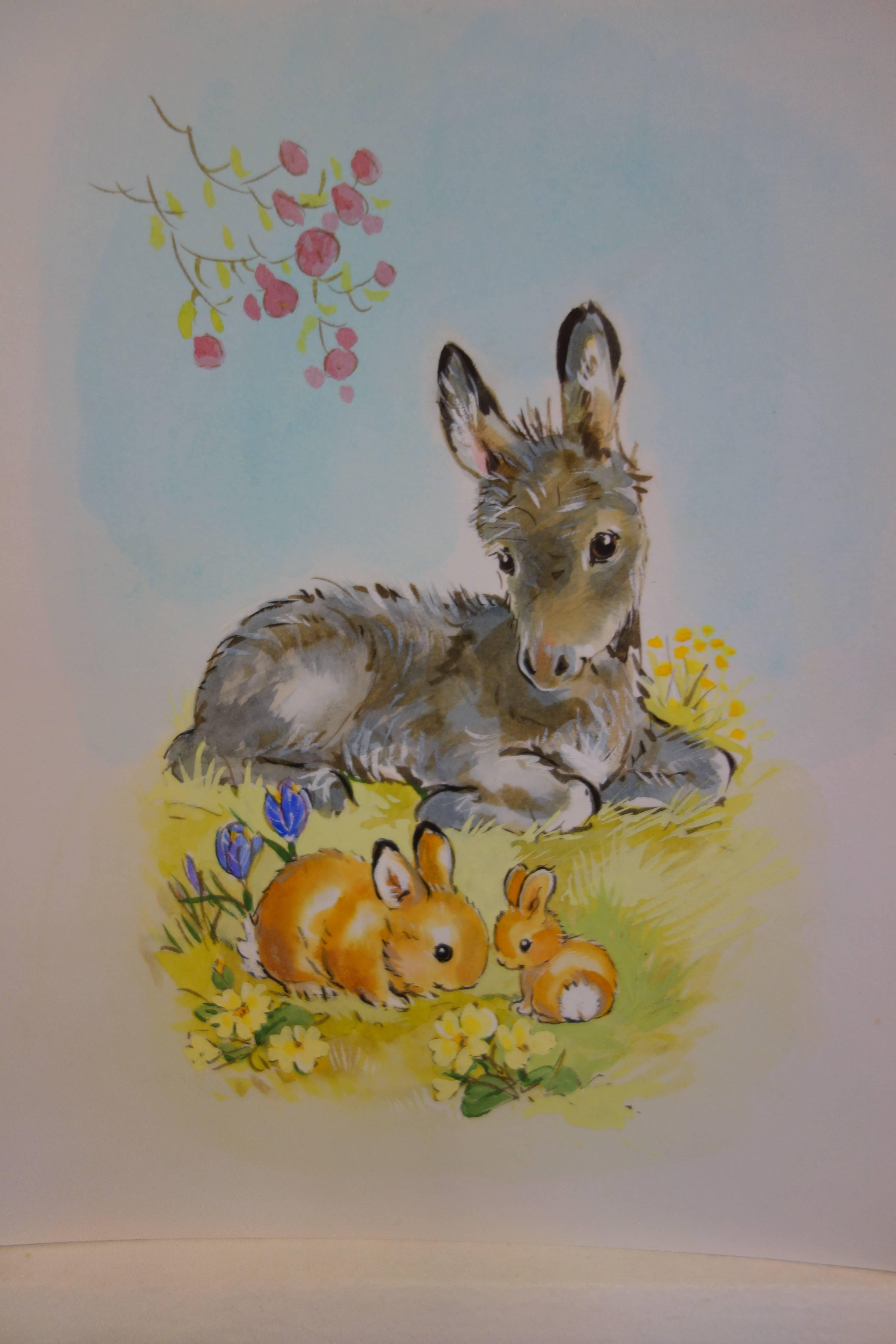 Diana Matthes Animal Art – Eine englische Szene mit einem Esel und Hasen auf einem Feld mit Wildblumen