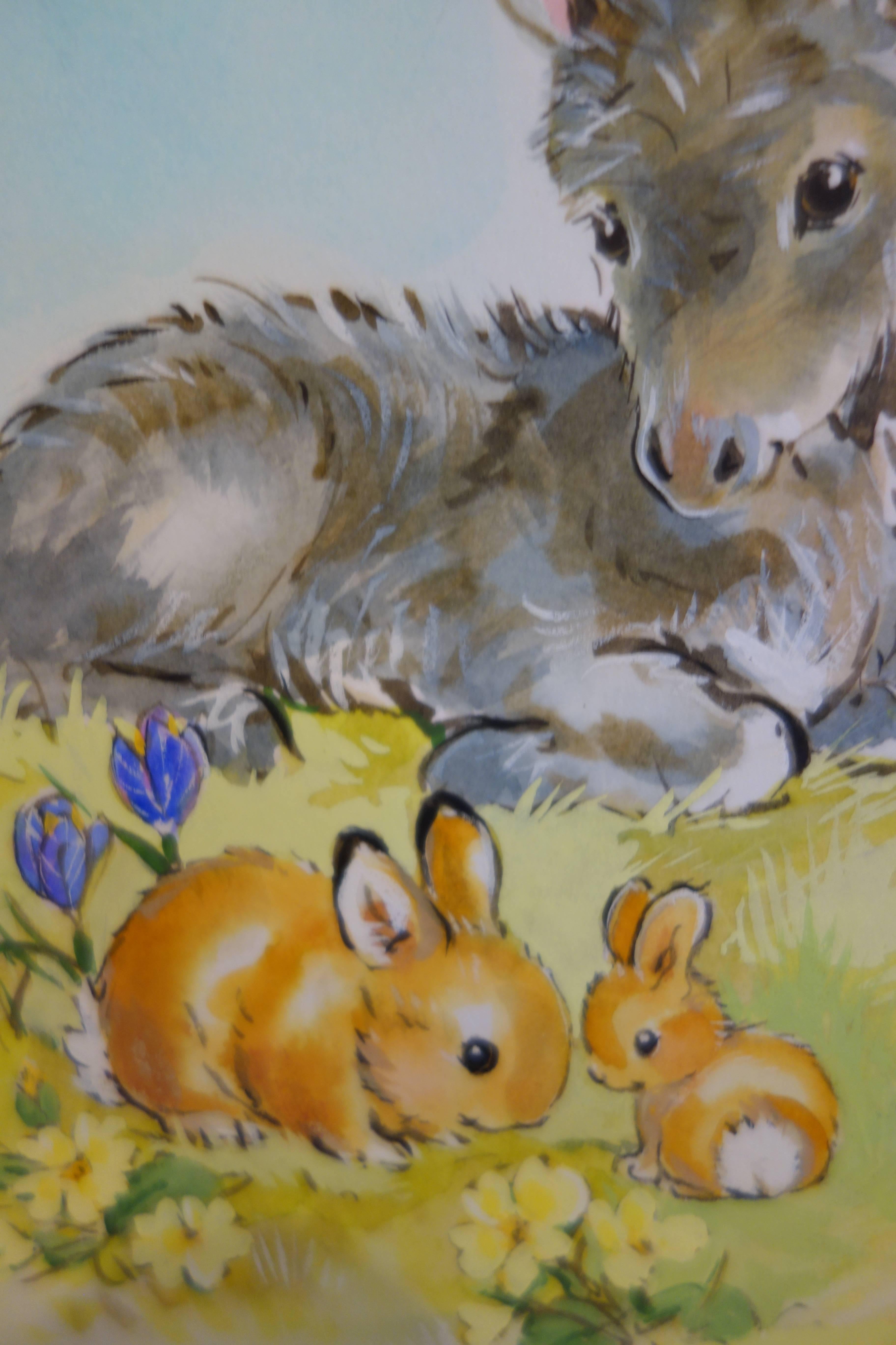 An English scene of a Donkey and Rabbits in a field, with wild flowers - Art by Diana Matthes