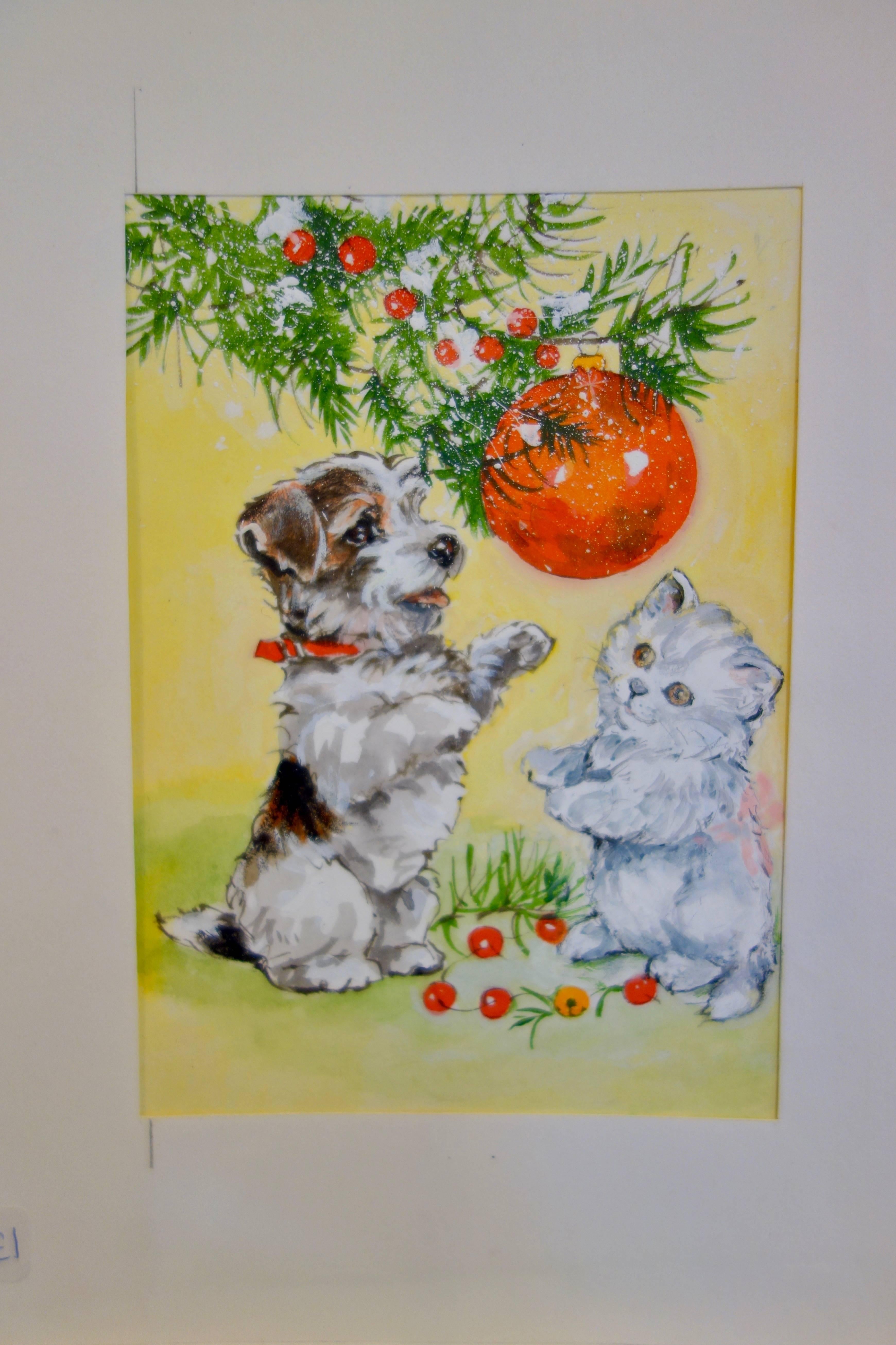 Diana Matthes Figurative Art - An English Terrier Puppy with a Kitten playing with a Christmas decorations