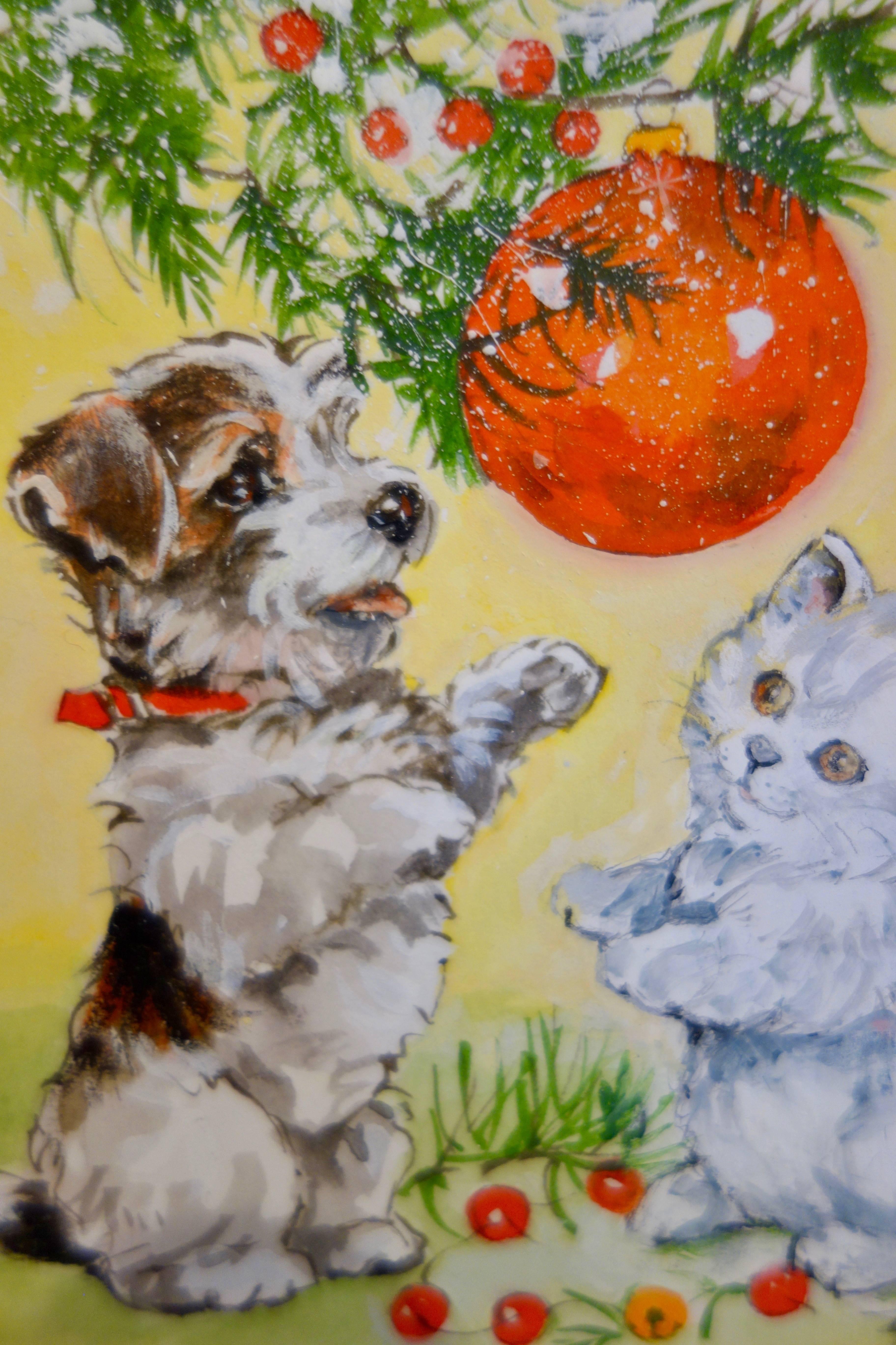 An English Terrier Puppy with a Kitten playing with a Christmas decorations - Art by Diana Matthes