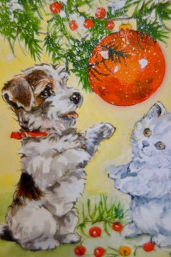 An English Terrier Puppy with a Kitten playing with a Christmas decorations