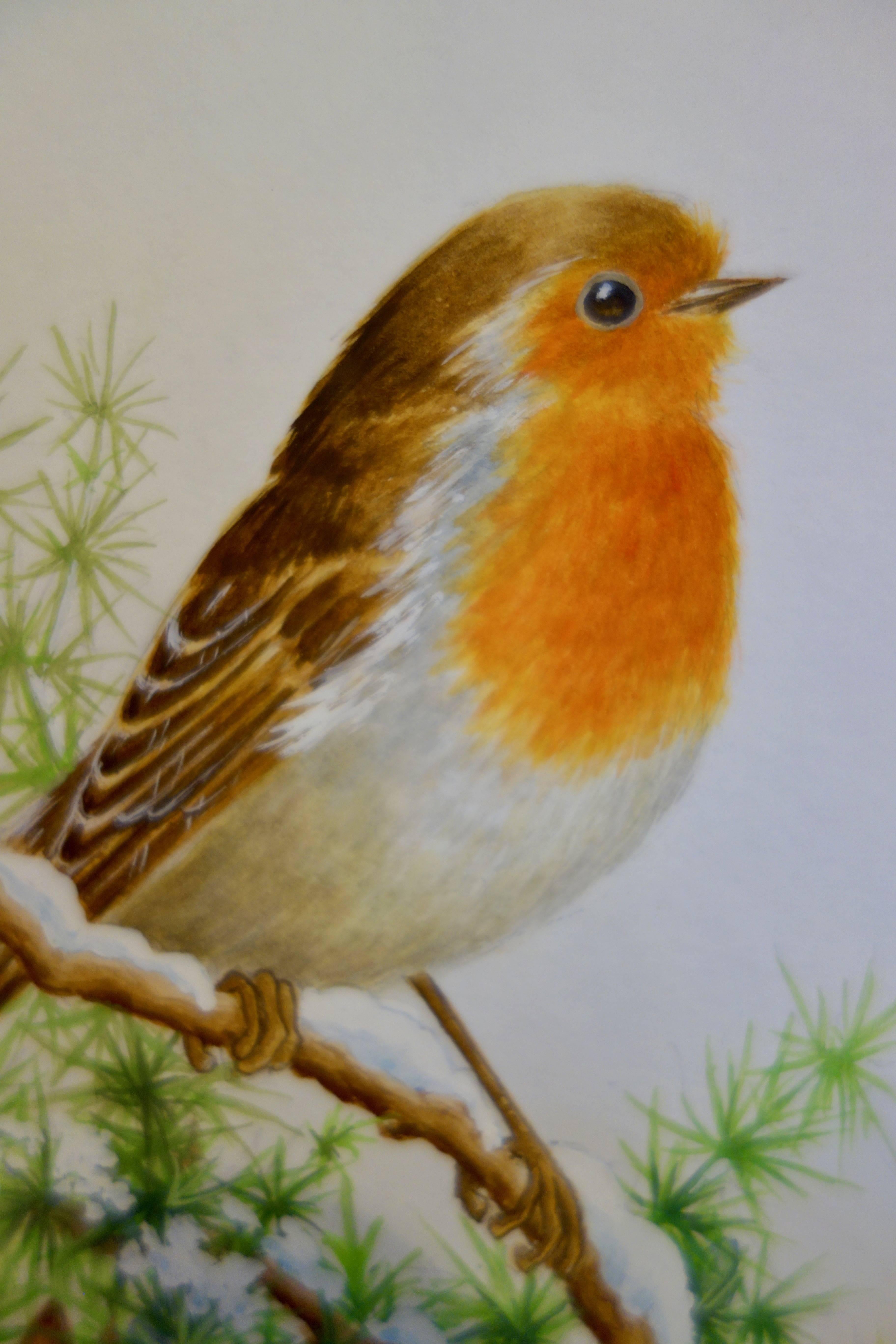 A Christmas Robin standing on a snow covered branch of a tree, English  - Art by Ella Bruce