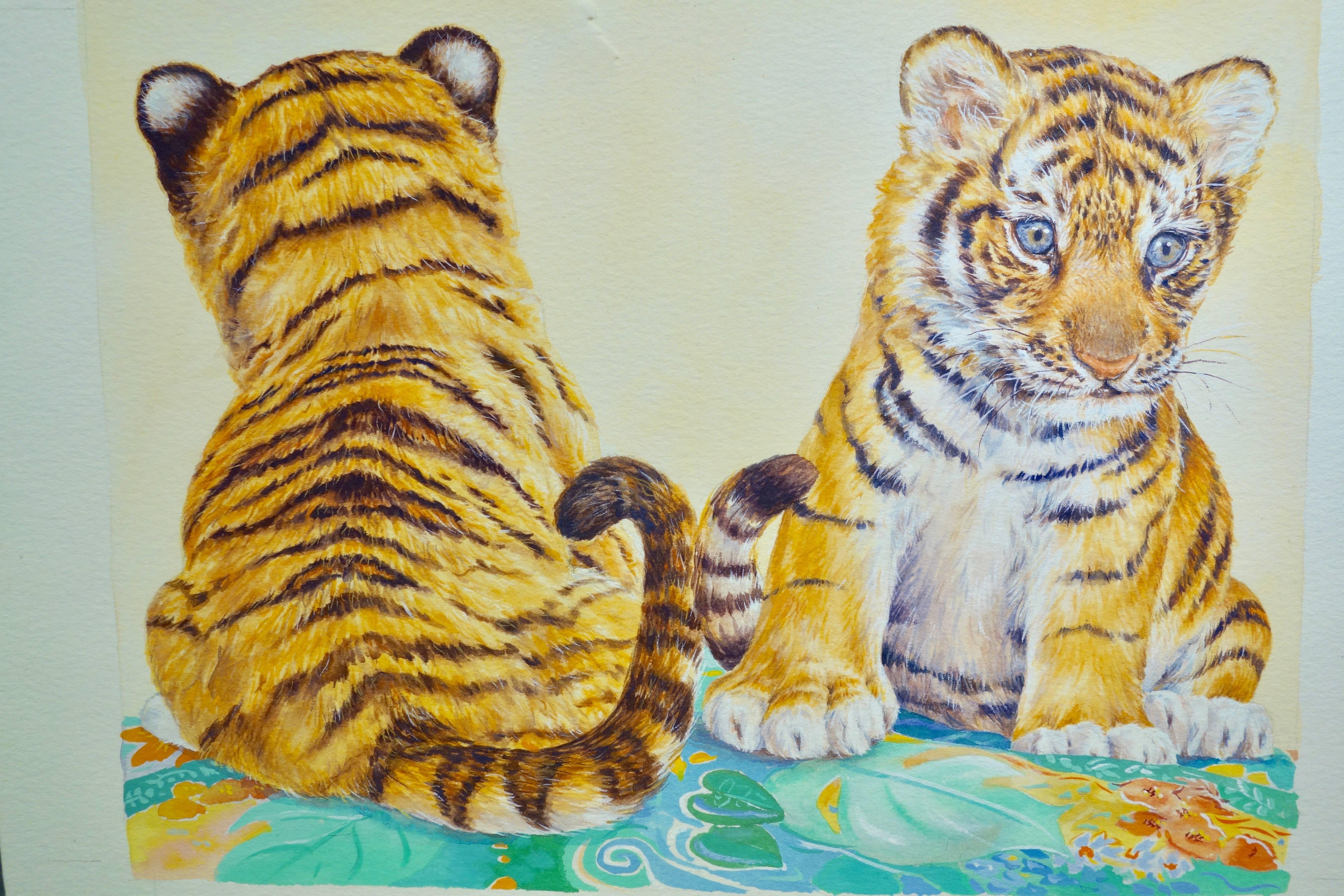 Debbie Allwright Animal Art - Two Tiger Cubs, seated on the ground.