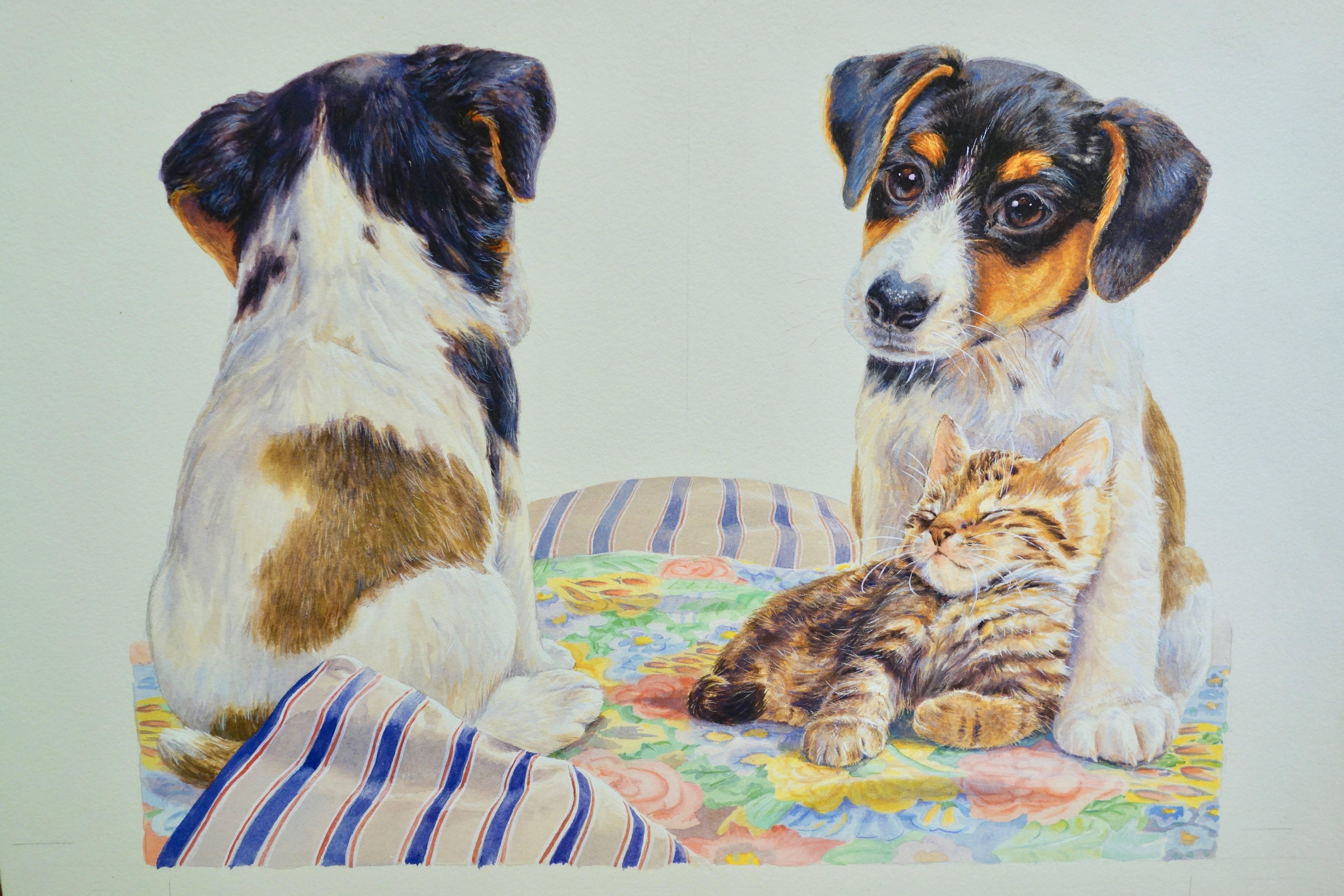 Debbie Allwright Figurative Art - Jack Russell Puppies seated with a Kitten