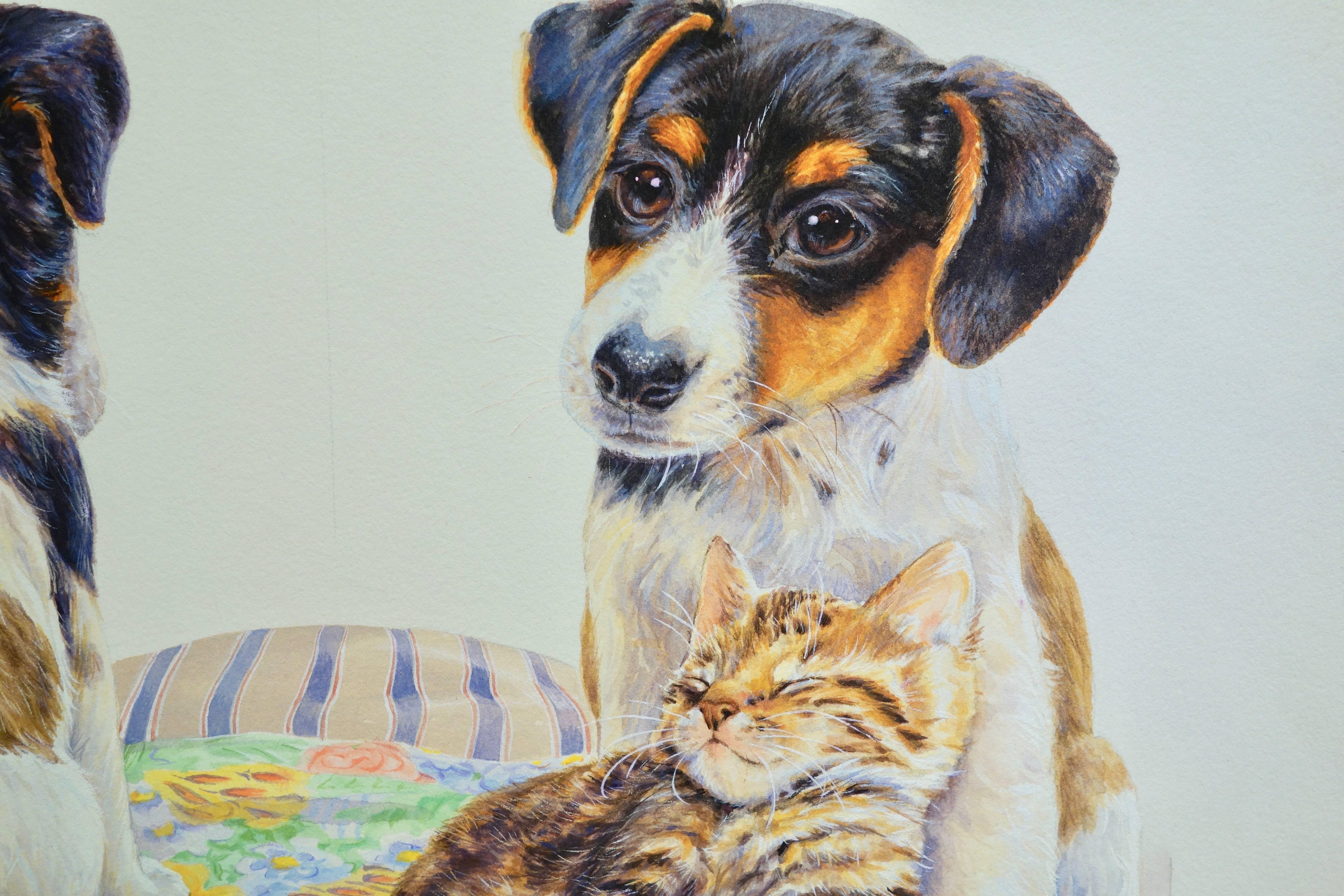 Jack Russell Puppies assis avec un chaton - Art de Debbie Allwright