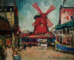 French Impressionist  scene of the Windmill at the  Moulon Rouge, Paris, France