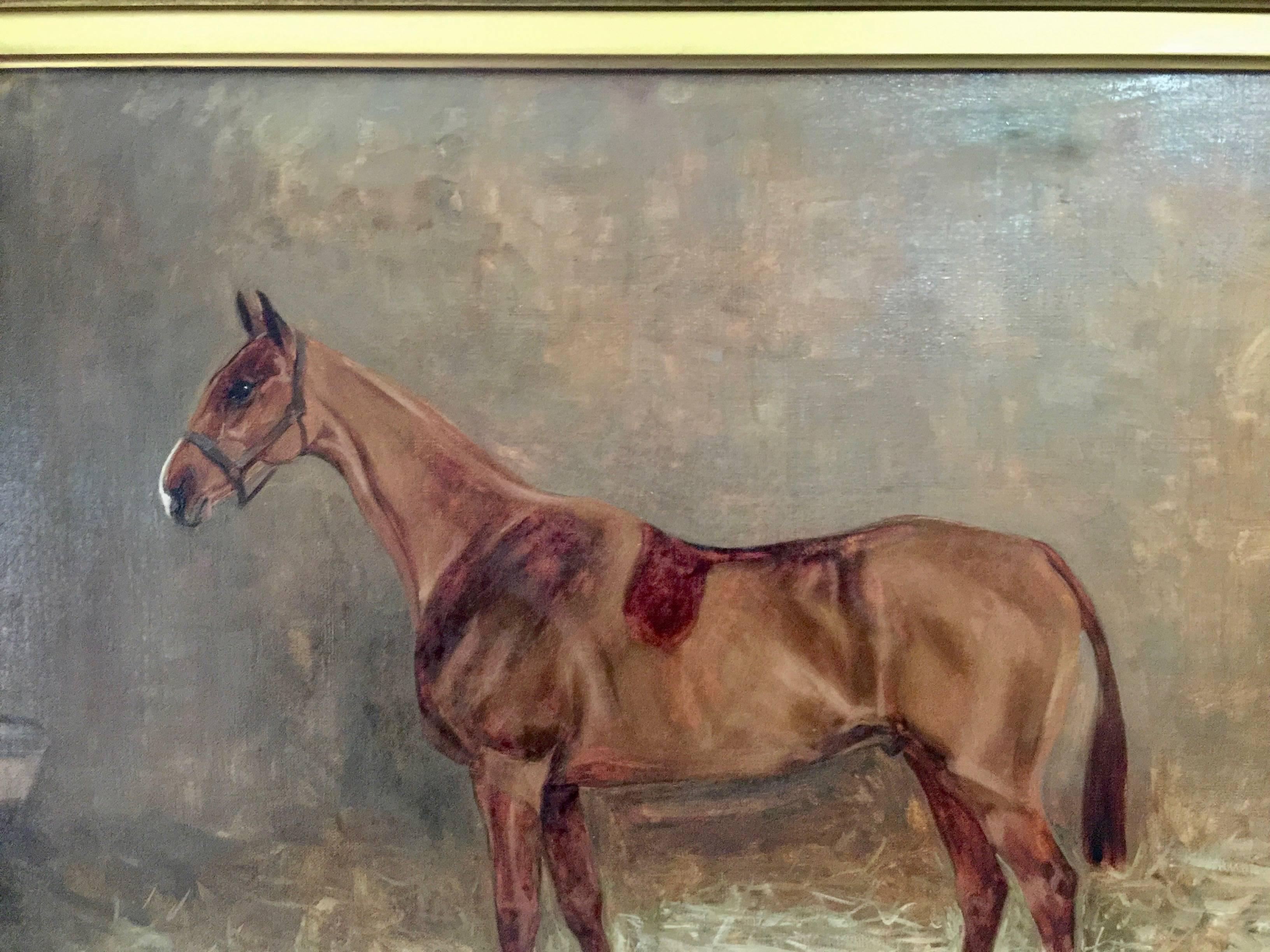 English Chestnut Hunter in a stable called Huntsman - Painting by Beatrice Thomson