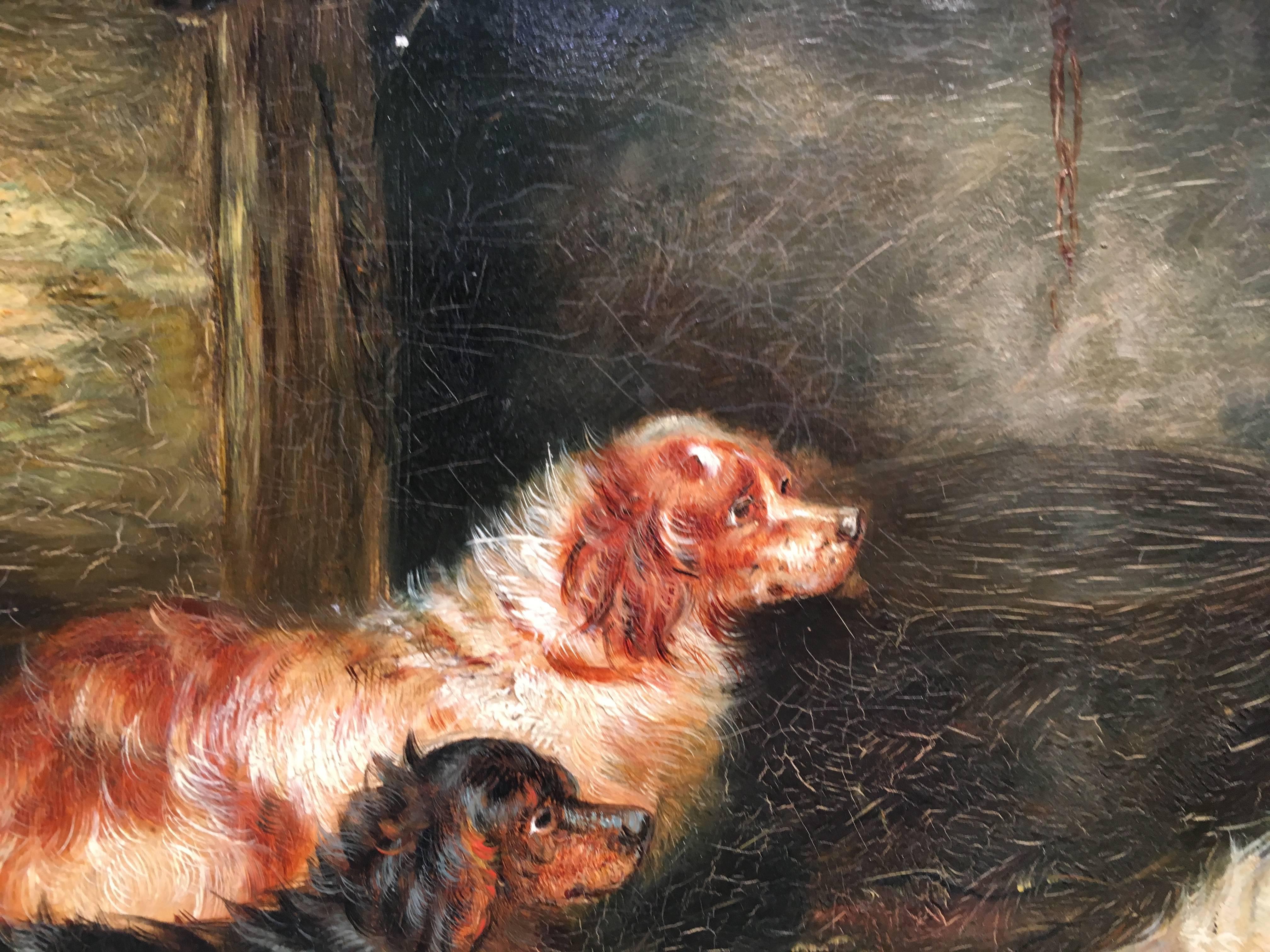 Three English Spaniels seated in a Victorian Interior - Painting by George Armfield