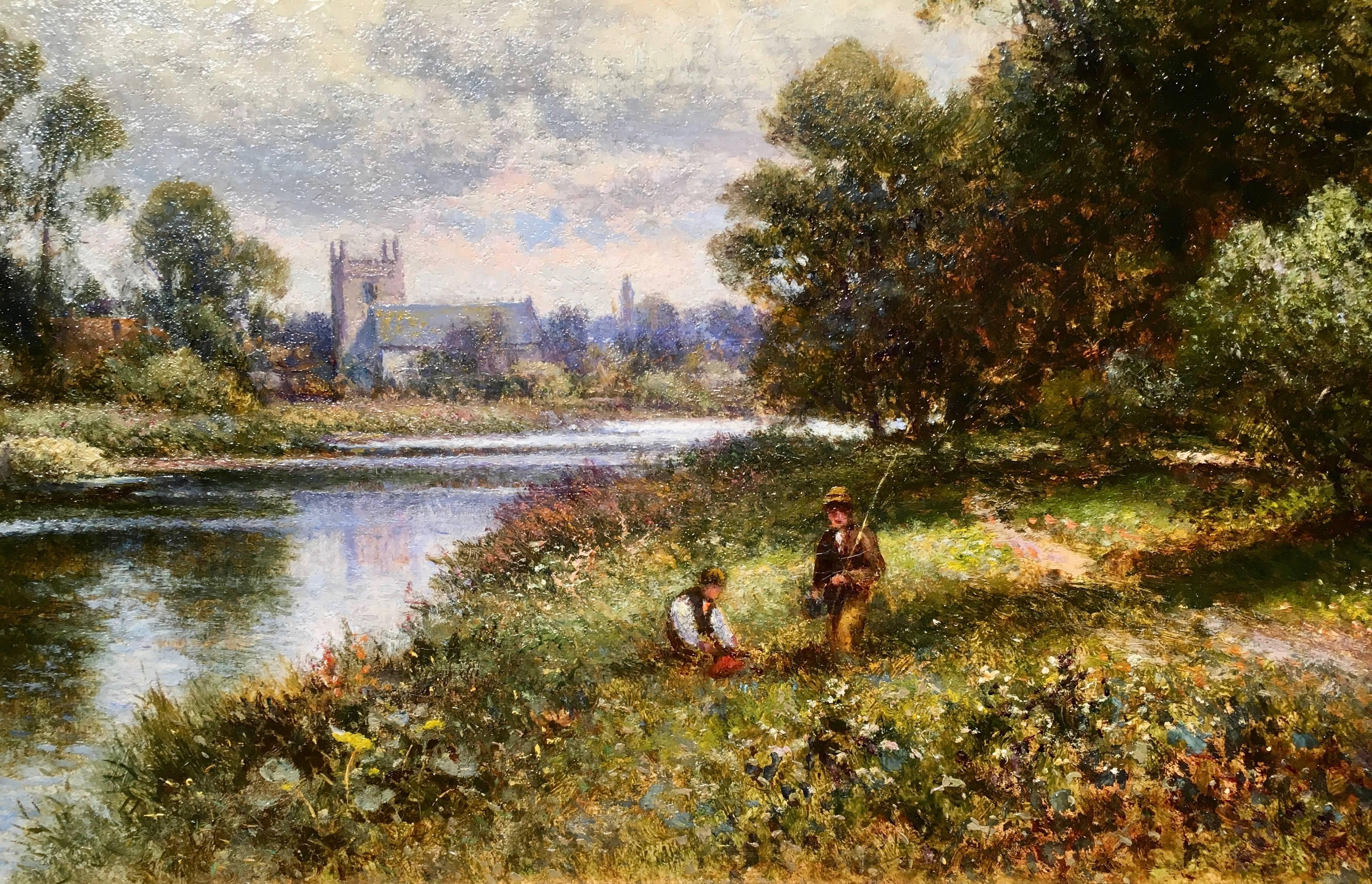 English River landscape with fishermen on the banks for the Thames - Victorian Painting by Alfred Augustus Glendening Snr