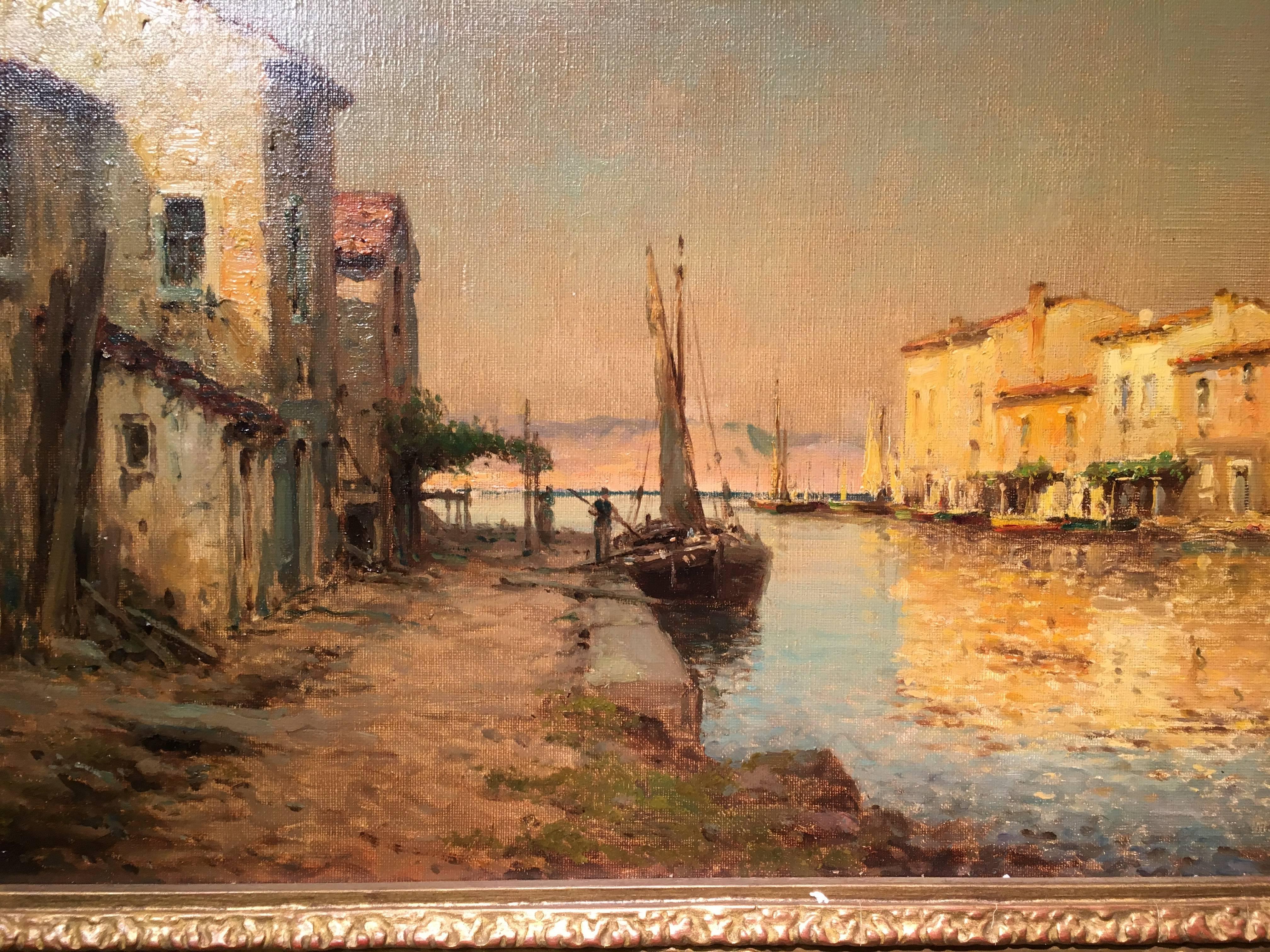 Summer Light along a canal, Venice, Italy - Impressionist Painting by Antoine Bouvard (Marc Aldine)
