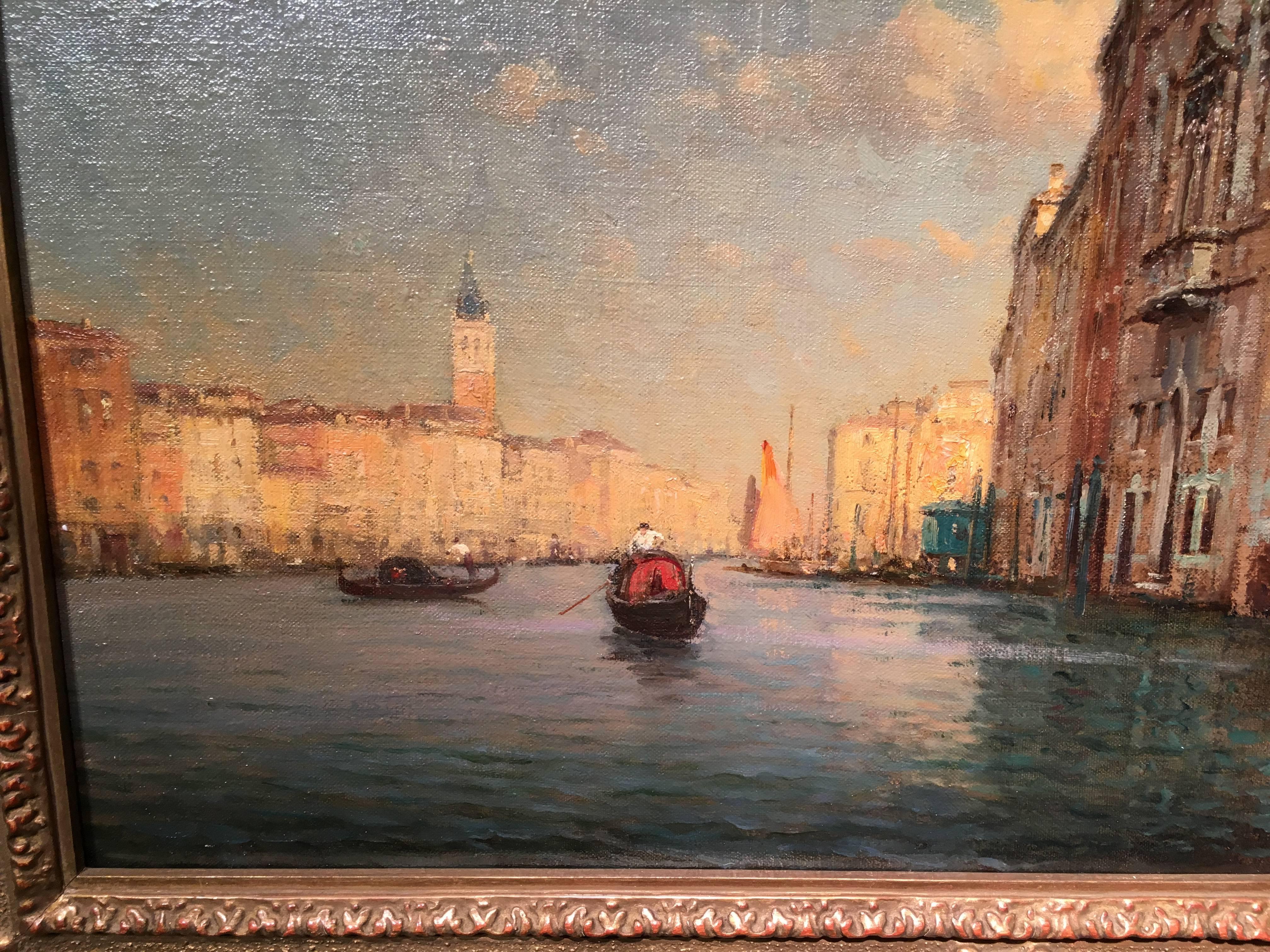 Setting Sun along a canal, Venice, Italy - Impressionist Painting by Antoine Bouvard (Marc Aldine)