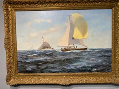 English 20th century Yacht racing off the the Fast Lighthouse of Ireland.