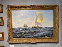English 20th century Yacht racing off the the Fast Lighthouse of Ireland.