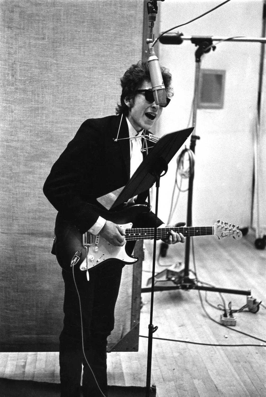 Daniel Kramer Black and White Photograph - Bob Dylan Recording Bringing It All Back Home at Columbia Records, NYC