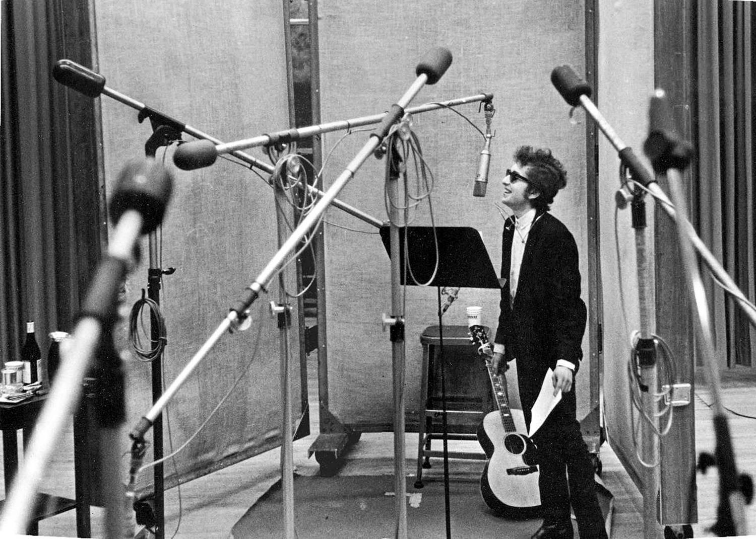 Daniel Kramer Black and White Photograph - Bob Dylan with Microphones
