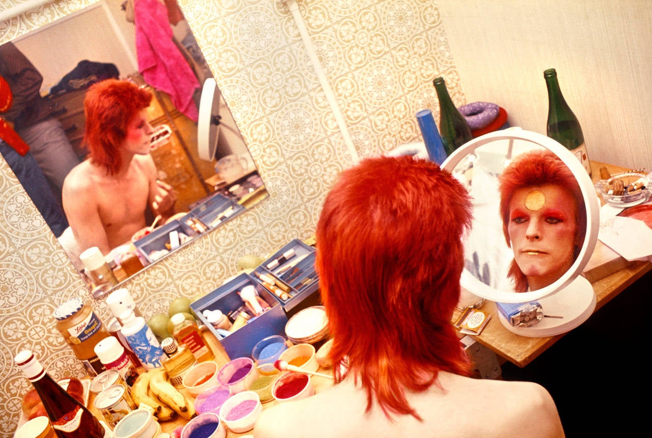 Mick Rock Color Photograph - Bowie, Makeup, Circle Mirror