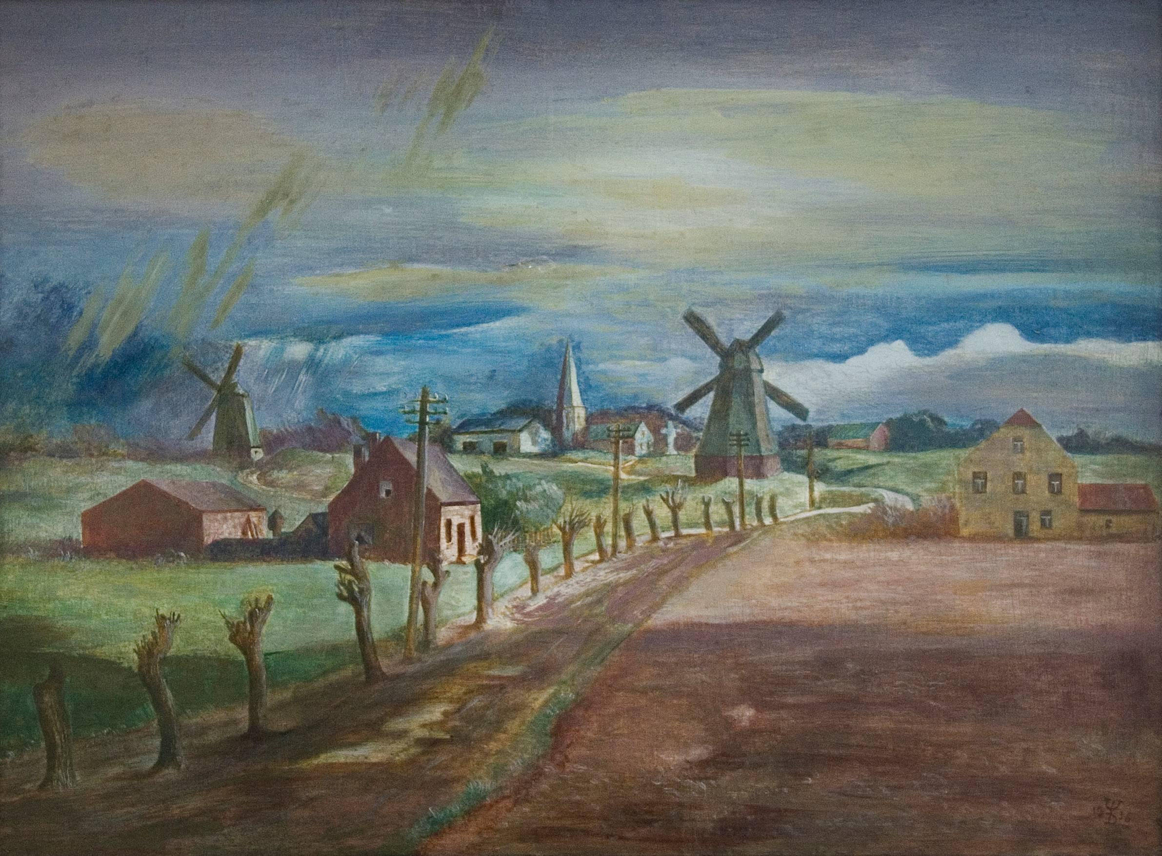 August Wilhelm Dressler Landscape Painting - Muehlen im Wetter (Windmills)