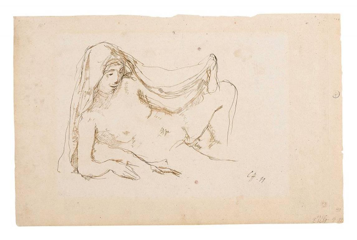 Liegender Akt mit Schleier (Recumbent Nude With Veil) - Art by Carl Hofer