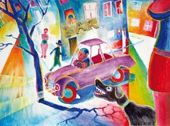 Nightlife (Nachtleben) - Oil/Canvas, Colorful, Contemporary, Comic, Blue/Red