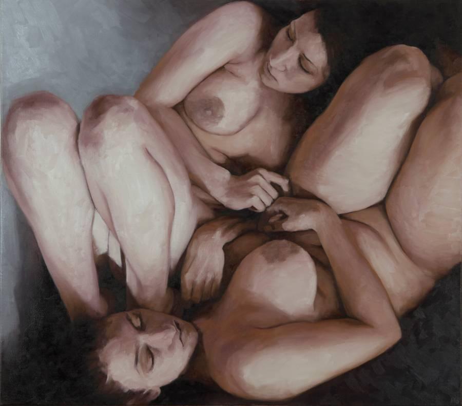 Walter Strobl Figurative Painting - Diagonale II (Diagonal) - Female Nudes, Contemporary, Realist, Atmospheric, 2016