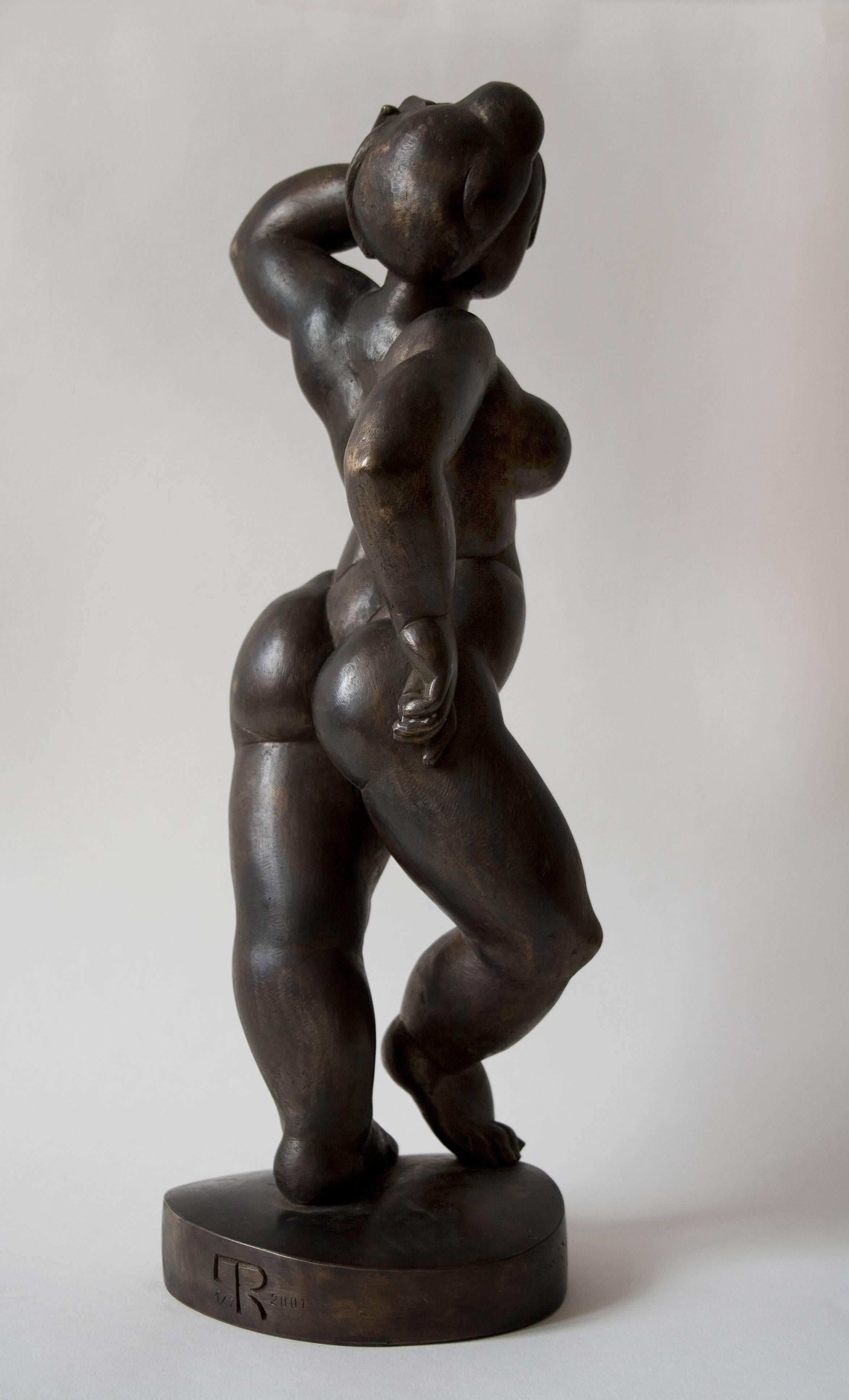 Standing Female Nude - Bronze, Post-Modern, Archaic, Round Forms, 2001,  - Gold Nude Sculpture by Giovanni Rindler