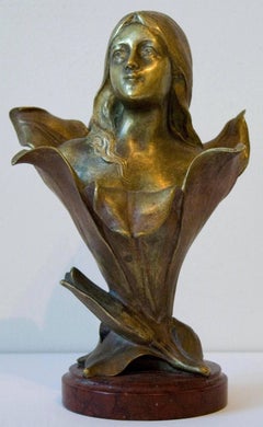 Antique Femme Lys - Bronze Cast, Art Nouveau, Floral, Sculpture, Female Figure, Elegant
