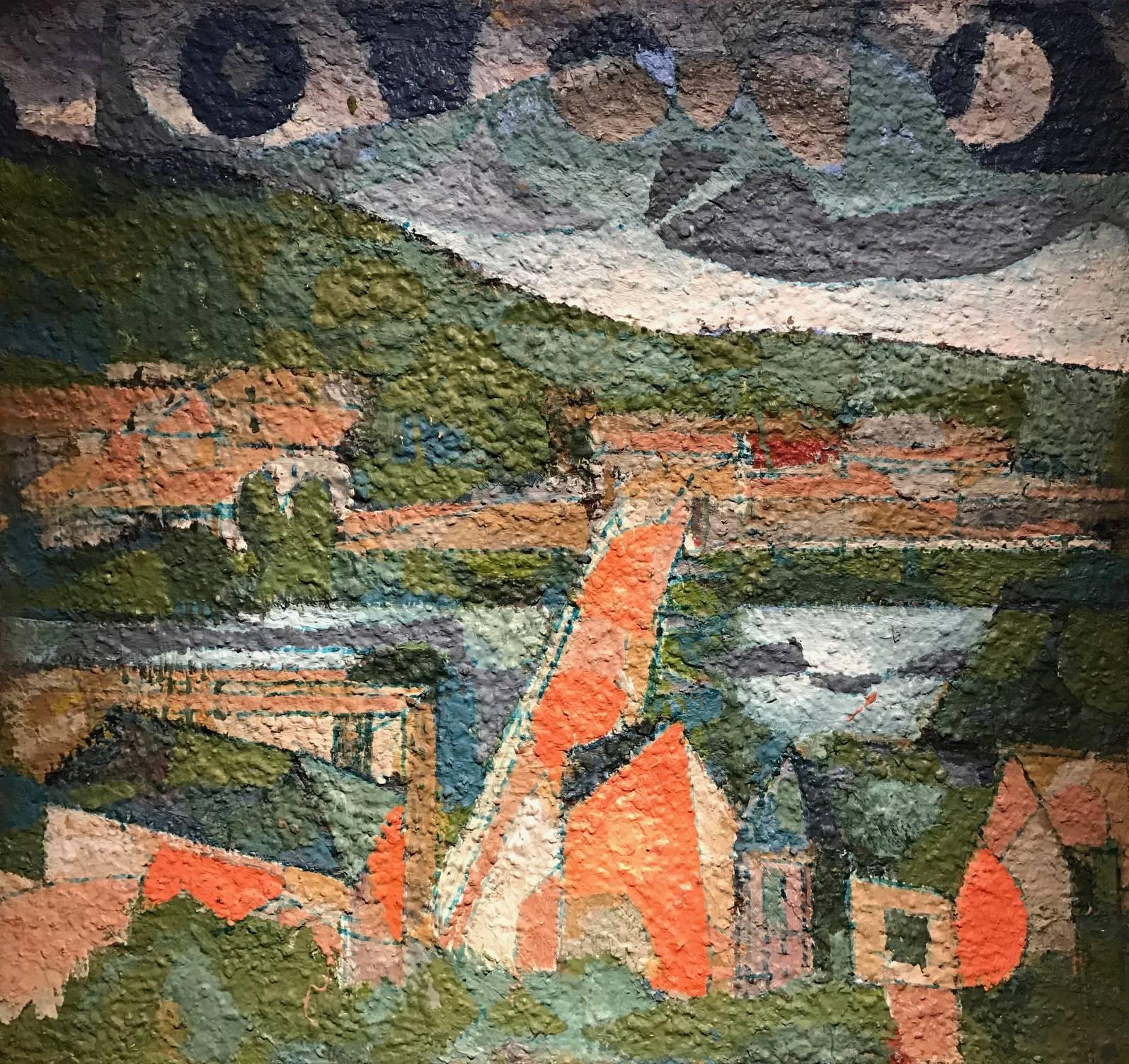 Jean Besnard Landscape Painting - French Mid 20th Century Oil Pointillist River Landscape with Town & Bridge