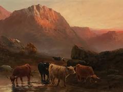 Sunset in the Scottish Highlands - Pair of Antique Signed Oil Paintings