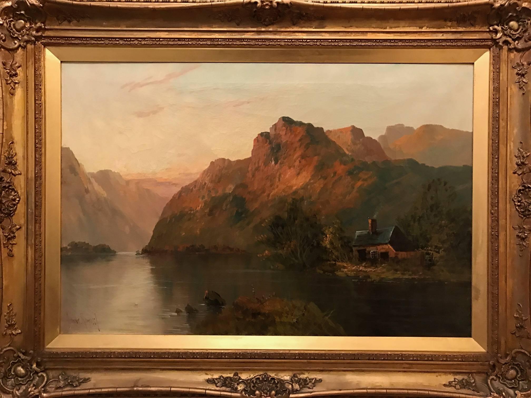 Francis E. Jamieson Landscape Painting - Scottish Highland Loch Sunset Scene - Large Antique Oil Painting Signed