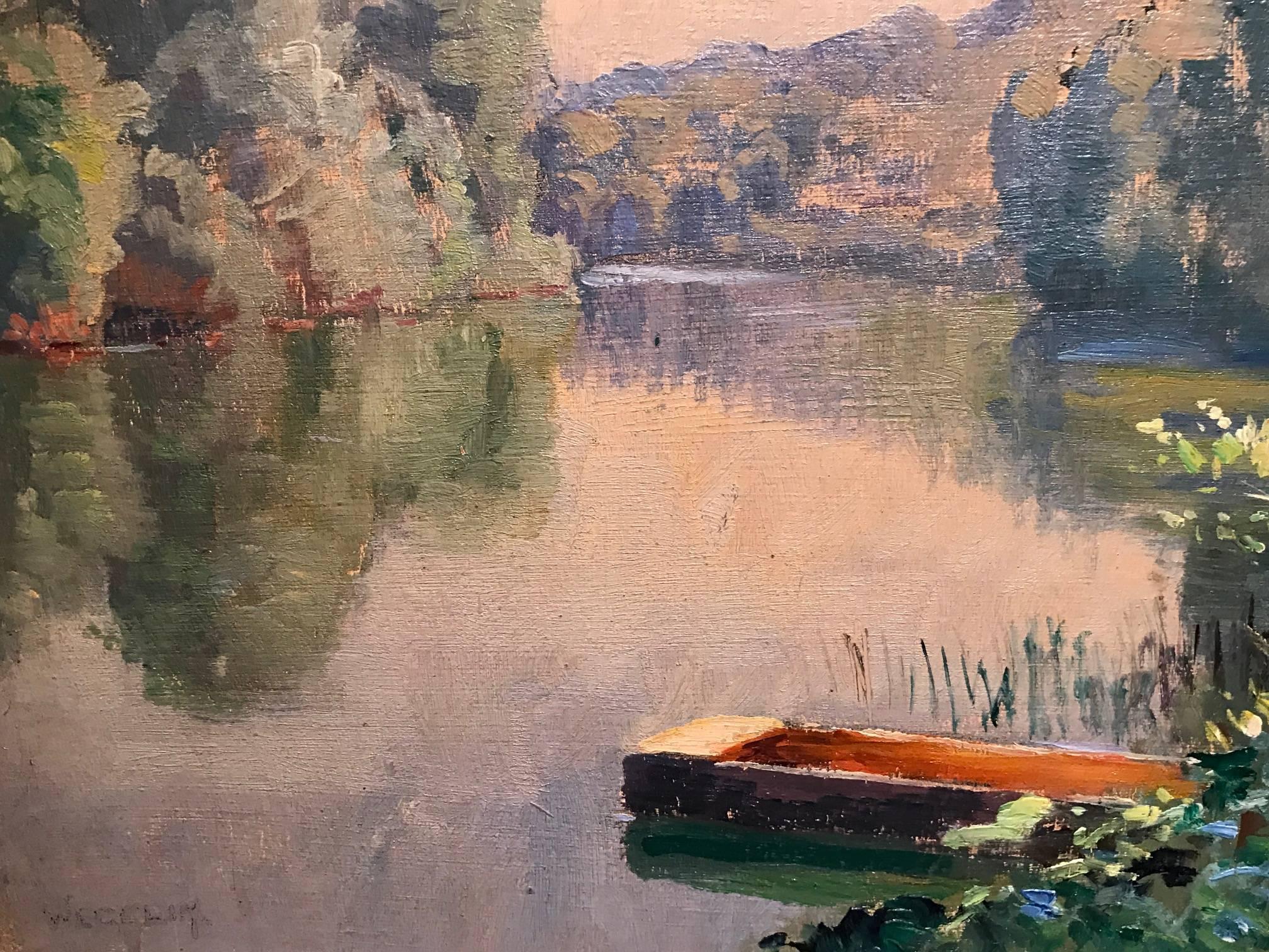 Original French Impressionist Signed Oil Painting Tranquil River Scene & Boat 1