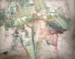 1970's French Abstract Cubist Oil Painting - Soft Shades of Green - Signed