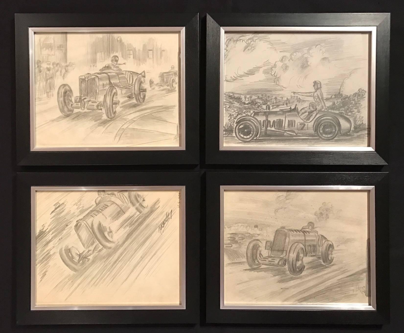 Unknown Figurative Painting - Set of Four 1930's Motor Car Racing Original Drawings Signed Dated Framed