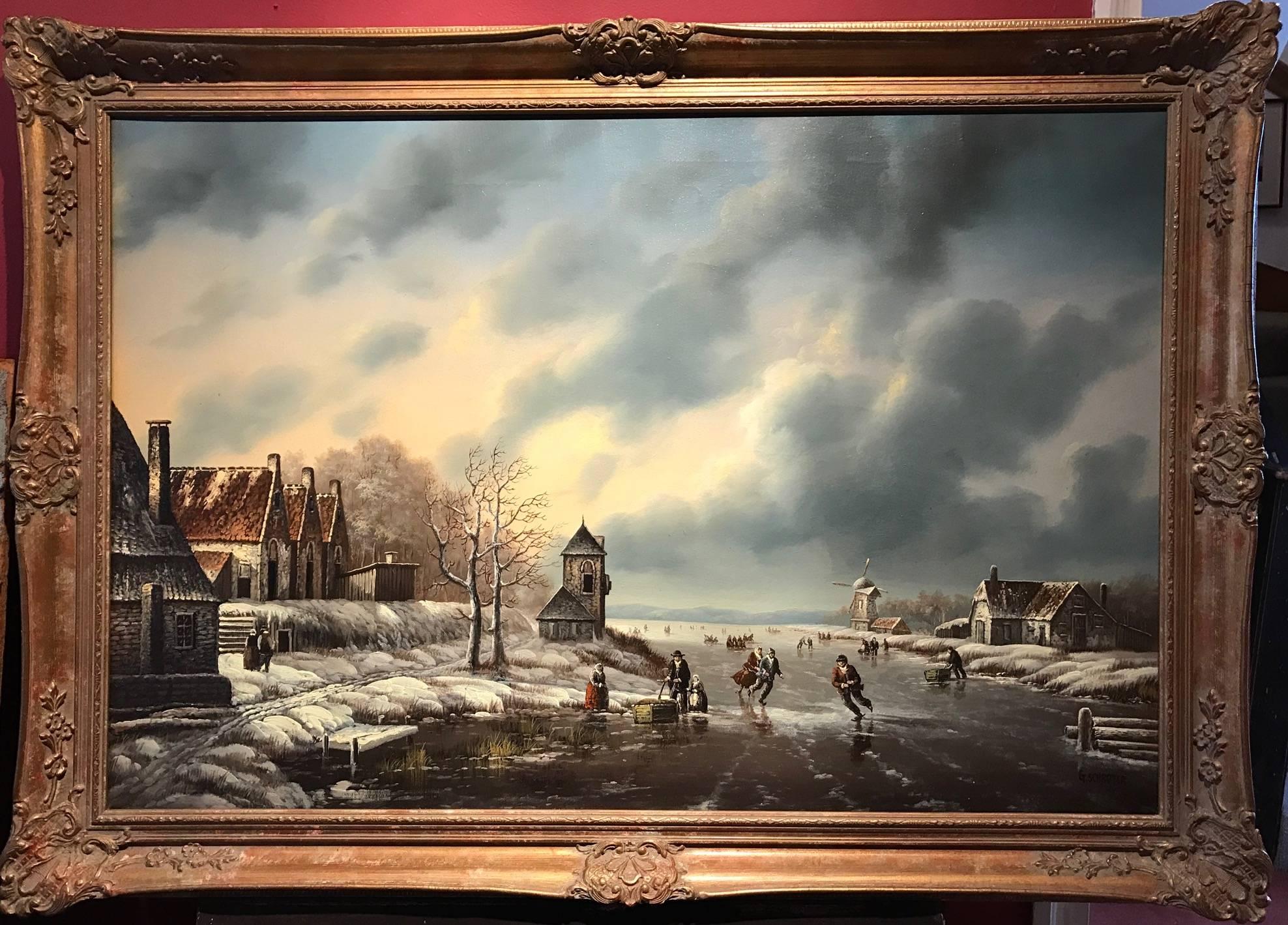 Unknown Landscape Painting - LARGE DUTCH WINTER SCENE FIGURES ICE SKATING SIGNED OIL PAINTING