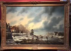 LARGE DUTCH WINTER SCENE FIGURES ICE SKATING SIGNED OIL PAINTING