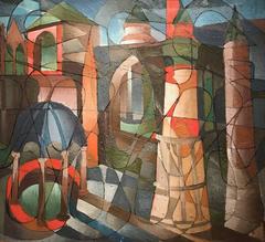 Superbe peinture à l'huile cubiste abstraite du milieu du 20e siècle - Vue de la ville
