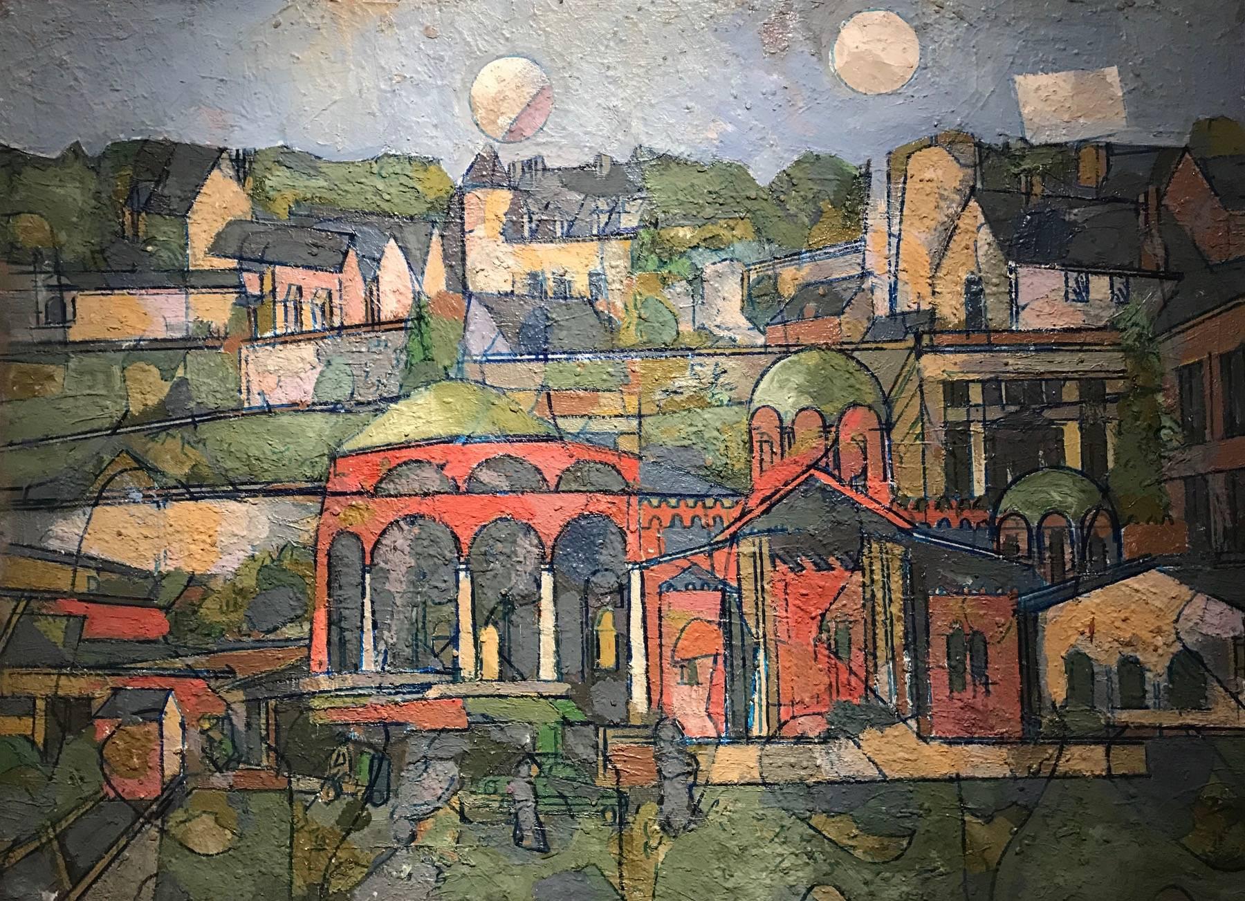 Jean Besnard Landscape Painting – Großes französisches geometrisches abstraktes Ölgemälde Blick auf eine Townes - Listed Artist