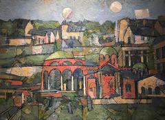 Large French Geometric Abstract Oil Painting View of a Town - Listed Artist