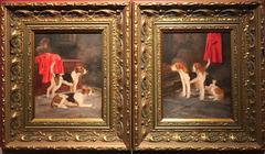 Fine Pair English Dog Oil Paintings - Hunting Hounds in Kennels - Signed