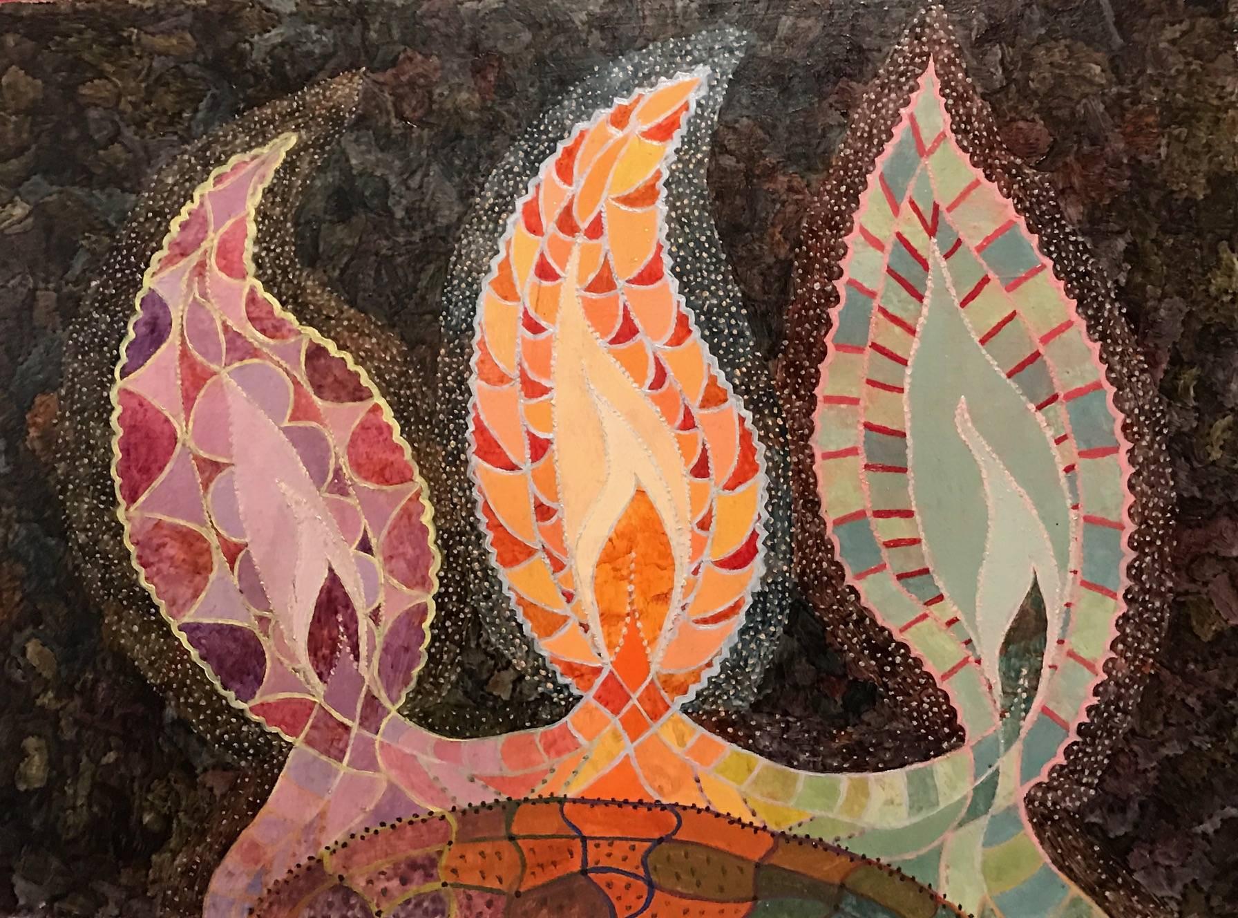 Stunning original oil painting by Elvic Steele depicting this surrealist abstract depiction of three wildly colourful flames - titled verso.

Elvic Steele is a fascinating English painter. Her works entrance the observer, drawing them into her