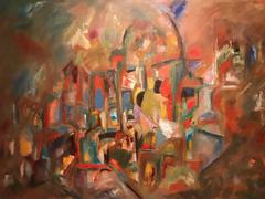 Large 20thC Abstract Oil Painting - Amazing Colours - View of a Town